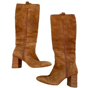 Anthropologie Silent D Skyla Boots Honey Suede Size 37/US 6.5 Block Heel Crochet